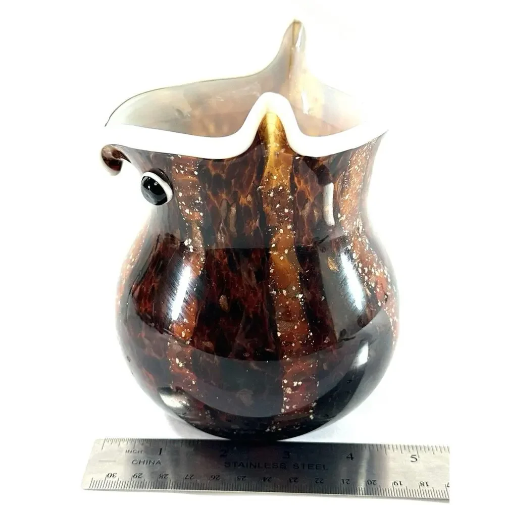 Vintage Art Glass Owl Vase / Planter Brown Tortoise Shell Look 5” Hand Blown